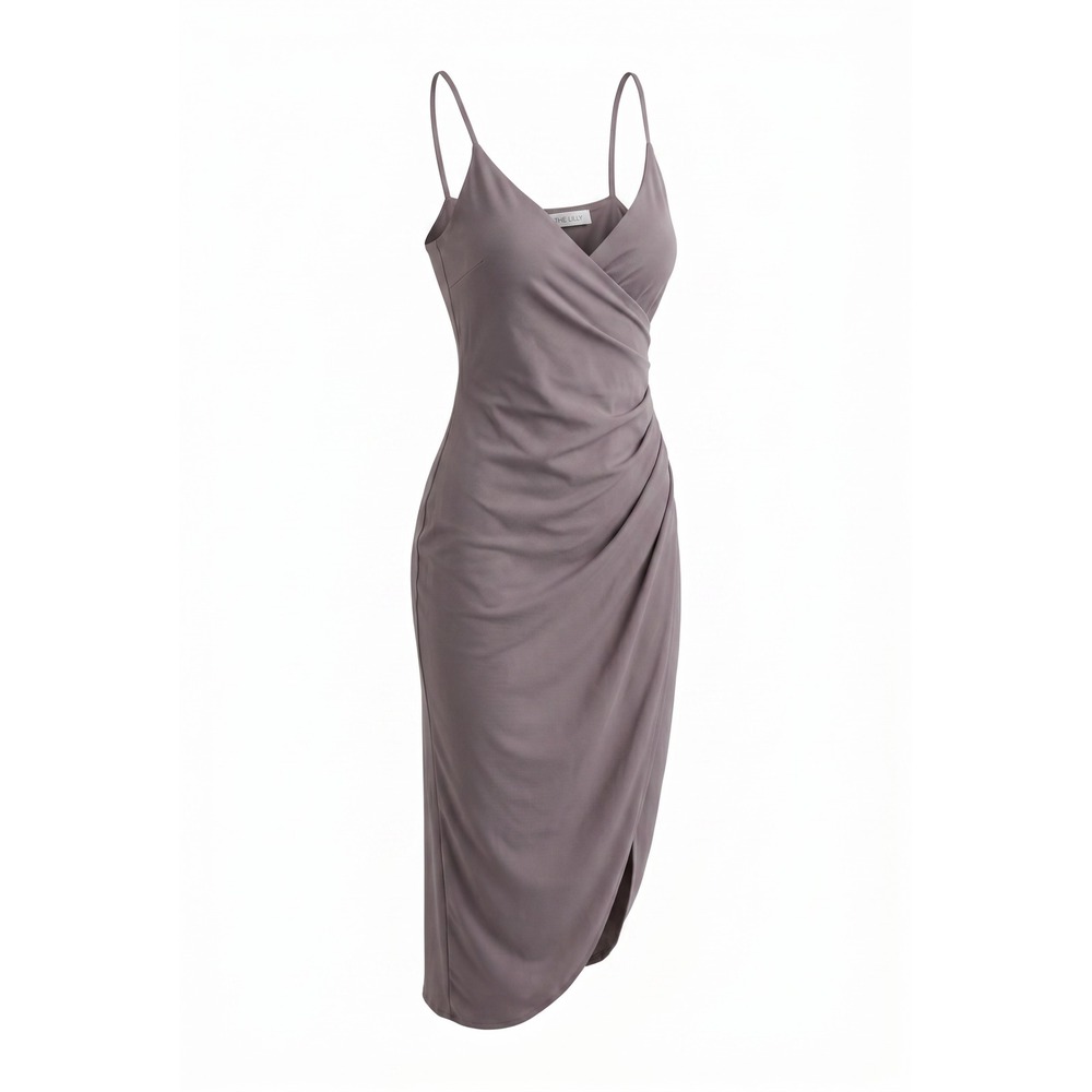 Em‎ & Elle Mauve Taupe Ruched Wrap Midi Dress DGI4210 Small Adjustable Straps